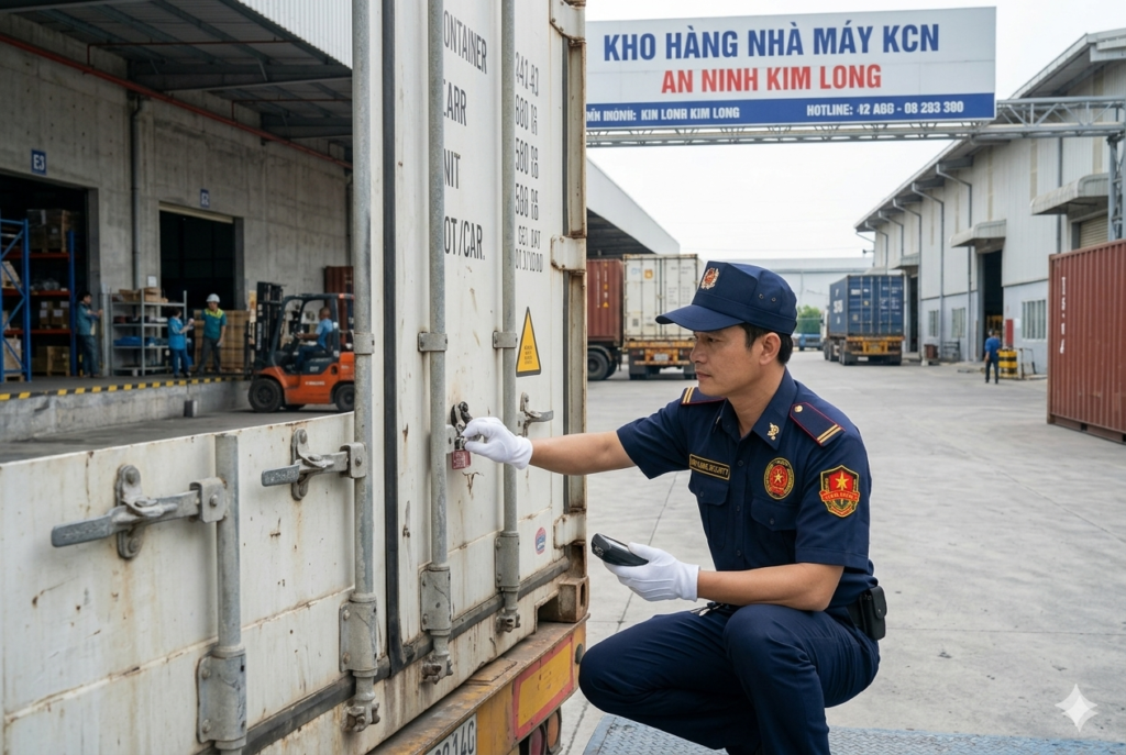 Nhân viên công ty bảo vệ Kim Long kiểm soát an ninh tại cổng nhà máy.