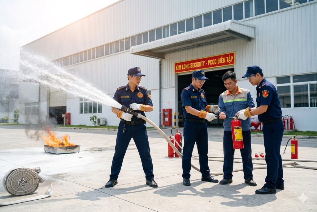 Công ty bảo vệ Kim Long diễn tập phòng cháy chữa cháy cho khách hàng.