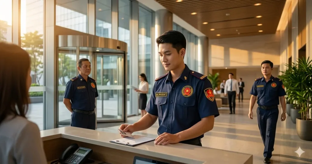 Công ty bảo vệ Vĩnh Long - Kim Long trực sảnh tòa nhà văn phòng.