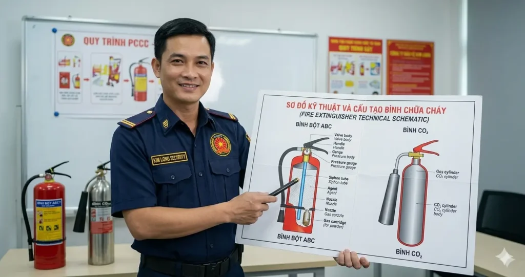 Cấu tạo bình chữa cháy bột và khí của dịch vụ bảo vệ chuyên nghiệp Kim Long.