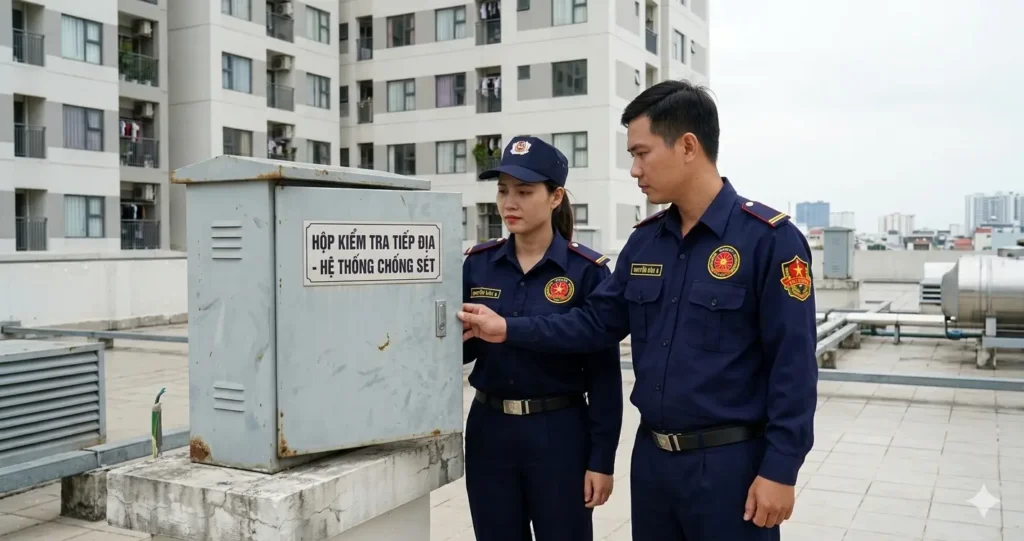 Công ty bảo vệ Bạc Liêu kiểm tra hệ thống chống sét mục tiêu.