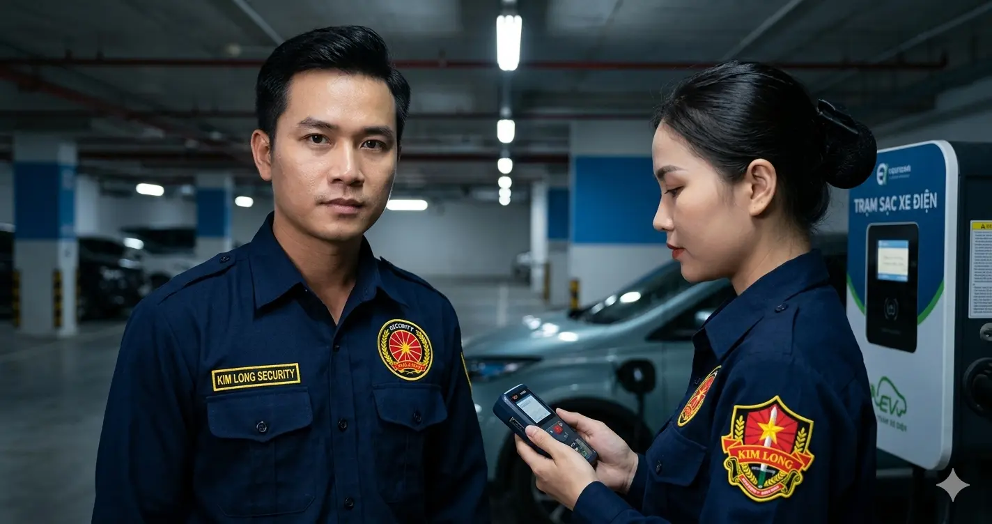 Công ty bảo vệ Bình Dương giám sát an toàn trạm sạc xe điện.