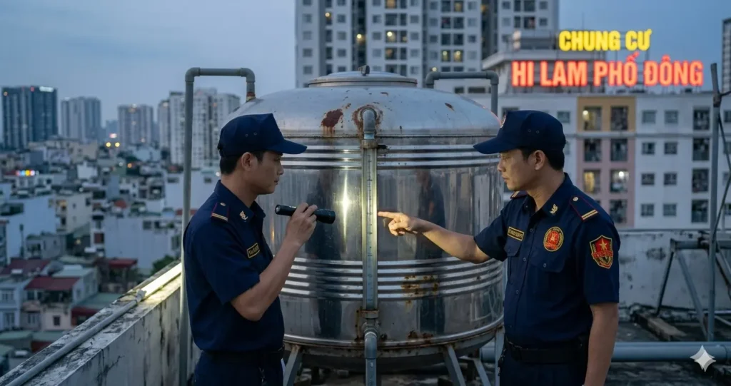 Nhân viên dịch vụ bảo vệ Kim Long - Trà Vinh kiểm tra bồn nước chữa cháy.