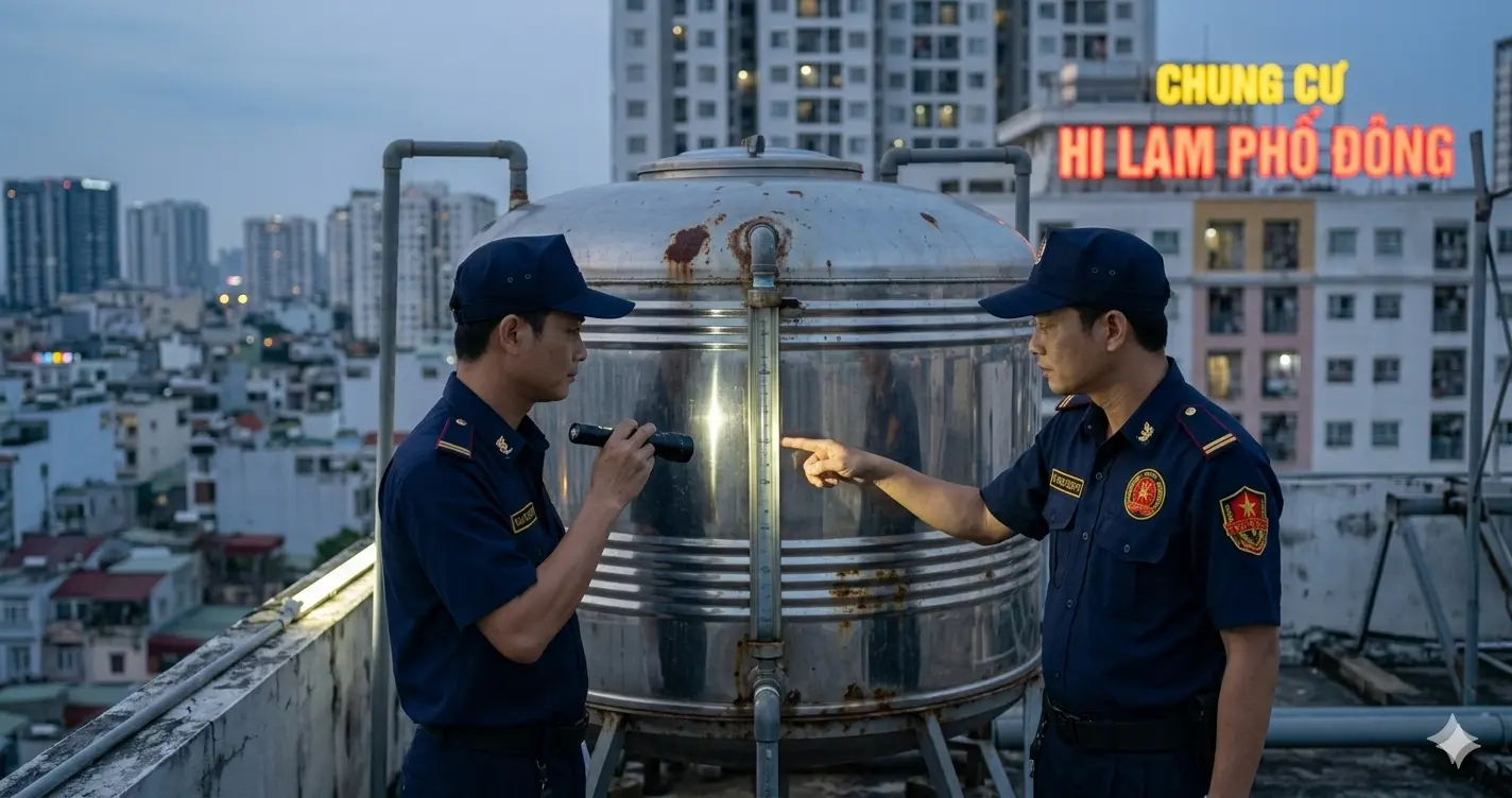 Nhân viên dịch vụ bảo vệ Kim Long - Trà Vinh kiểm tra bồn nước chữa cháy.