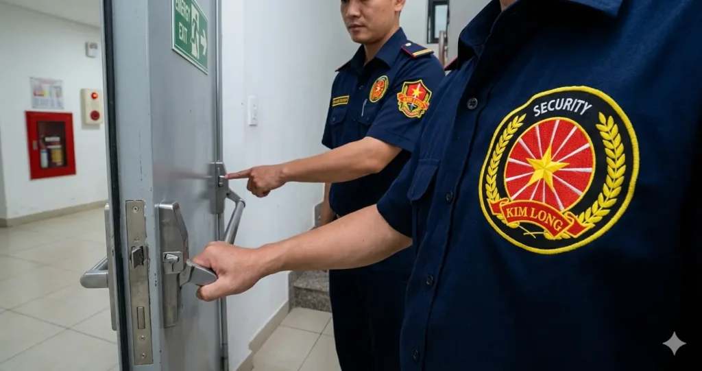 Công ty bảo vệ Cần Thơ kiểm tra tay co thủy lực cửa ngăn cháy.
