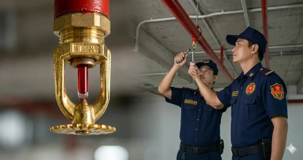 Nhân viên dịch vụ bảo vệ Kim Long - Tiền Giang kiểm tra đầu phun Sprinkler.