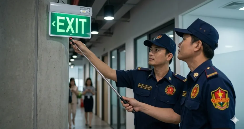 Nhân viên dịch vụ bảo vệ Kim Long kiểm tra hệ thống đèn thoát hiểm.