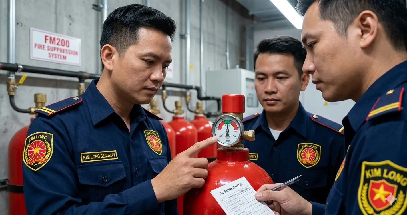 Nhân viên dịch vụ bảo vệ Cần Thơ - Kim Long kiểm tra bình khí FM200.