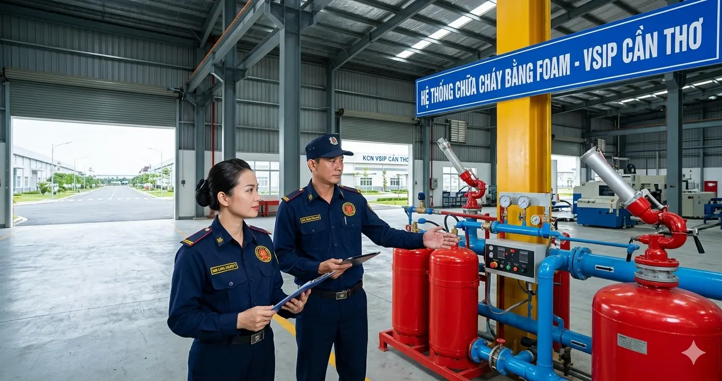 Nhân viên dịch vụ bảo vệ Kim Long – Cà Mau kiểm tra hệ thống Foam chữa cháy.
