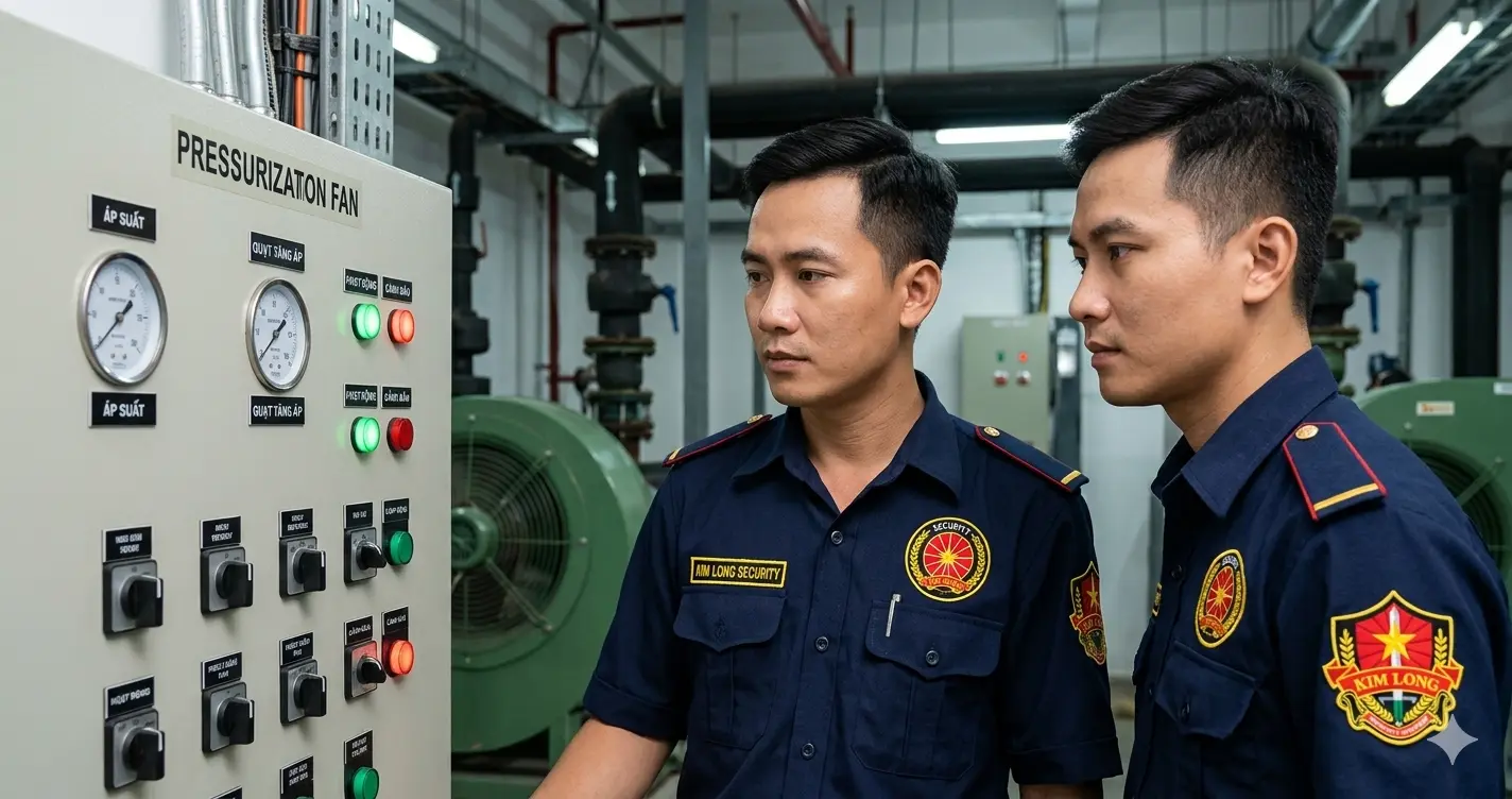 Nhân viên dịch vụ bảo vệ Tây Ninh - Kim Long kiểm tra hệ thống tăng áp cầu thang.