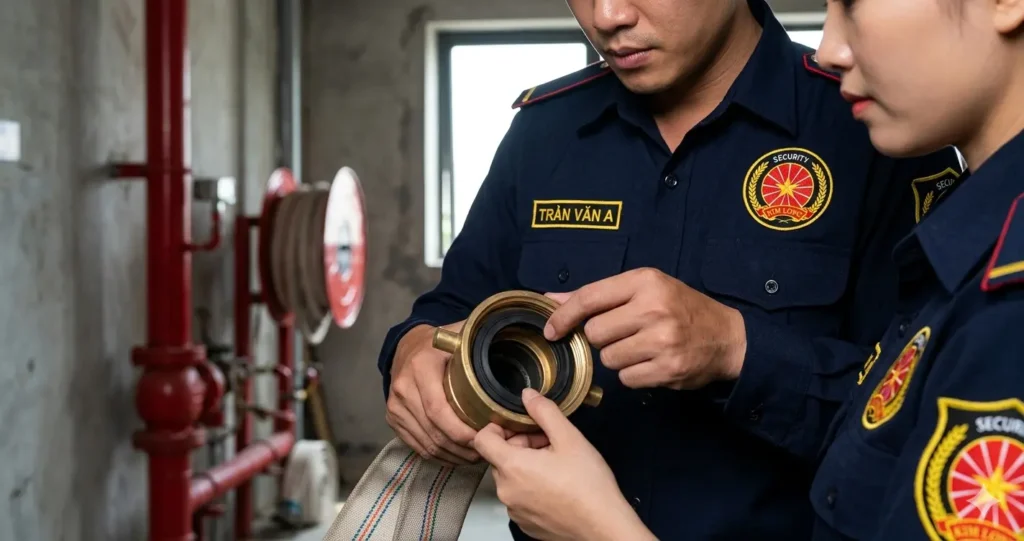 Nhân viên dịch vụ bảo vệ Kim Long - Sóc Trăng kiểm tra phụ kiện PCCC.