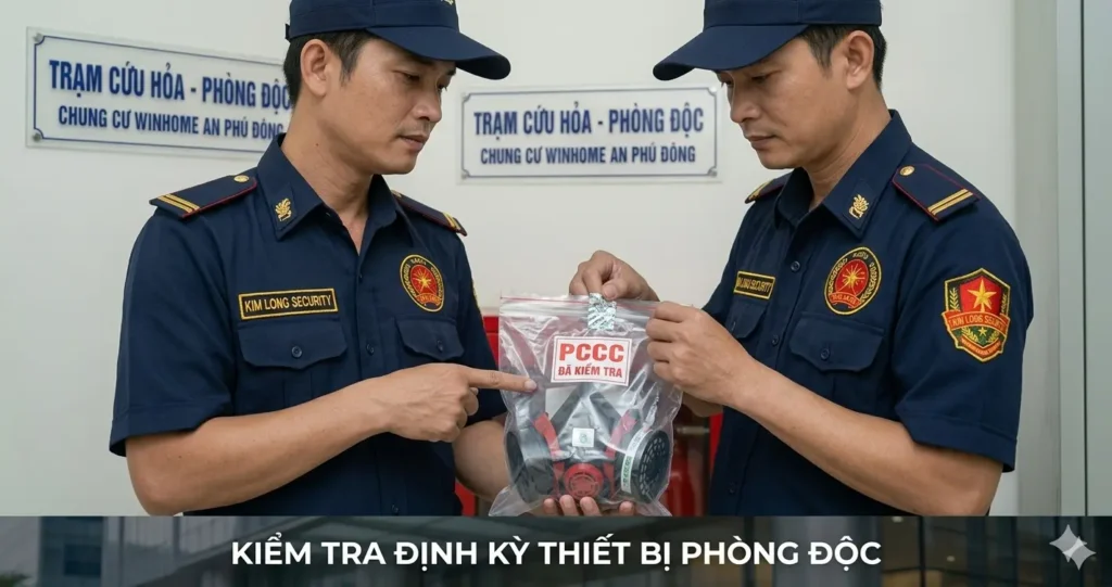 Nhân viên dịch vụ bảo vệ Kim Long Bình Phước kiểm tra mặt nạ phòng khói.