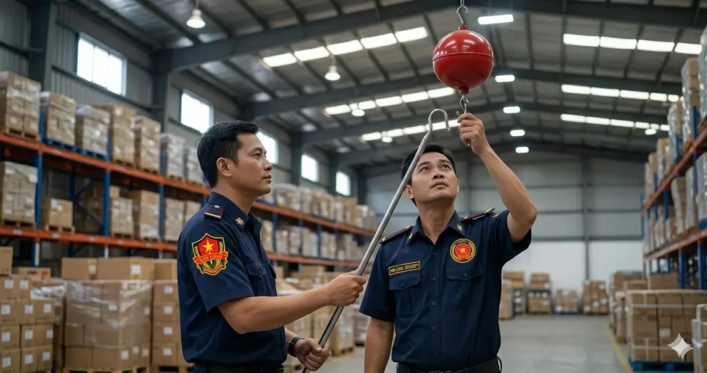 Nhân viên dịch vụ bảo vệ ở Đồng Tháp - Kim Long kiểm tra bình chữa cháy tự động treo trần.