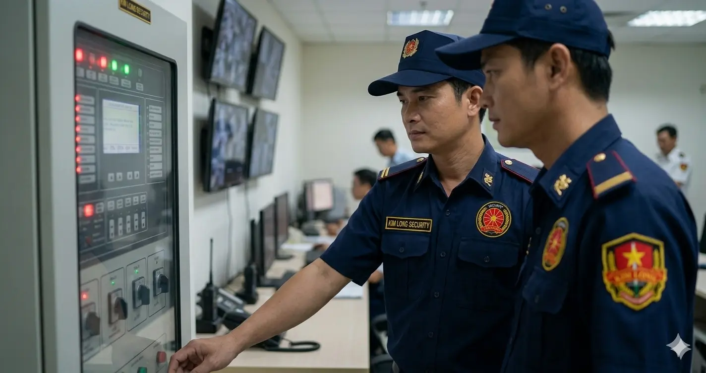 Nhân viên công ty bảo vệ An Giang kiểm tra tủ báo cháy trung tâm.