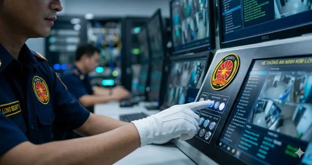 Bảo vệ chuyên nghiệp Kim Long xử lý tủ báo động trung tâm.