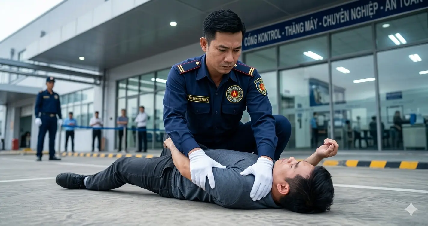 Bảo vệ chuyên nghiệp Kim Long khống chế đối tượng xâm nhập trái phép.