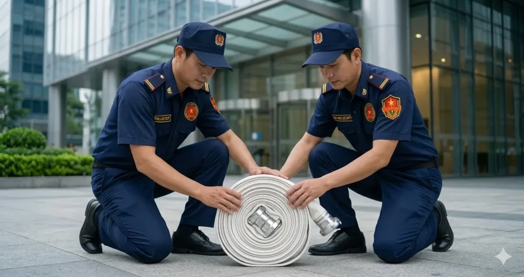 Công ty bảo vệ Long An huấn luyện kỹ thuật cuộn vòi chữa cháy.
