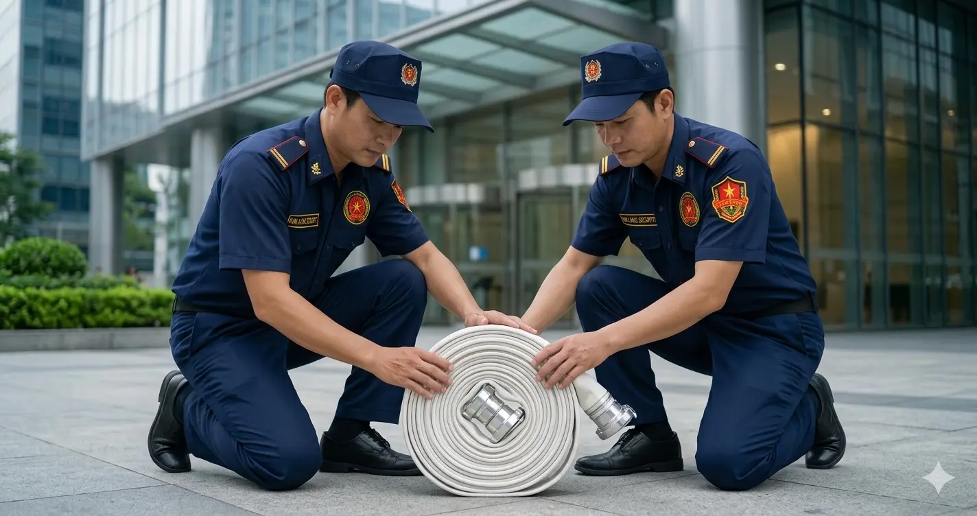 Công ty bảo vệ Long An huấn luyện kỹ thuật cuộn vòi chữa cháy.
