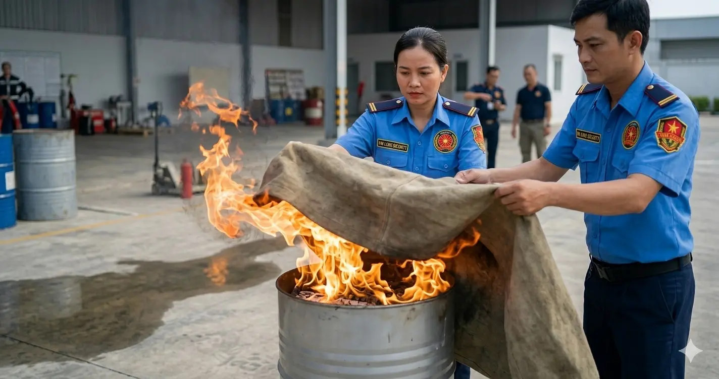 Công ty bảo vệ Cần Thơ huấn luyện sử dụng chăn dập lửa chuyên dụng.
