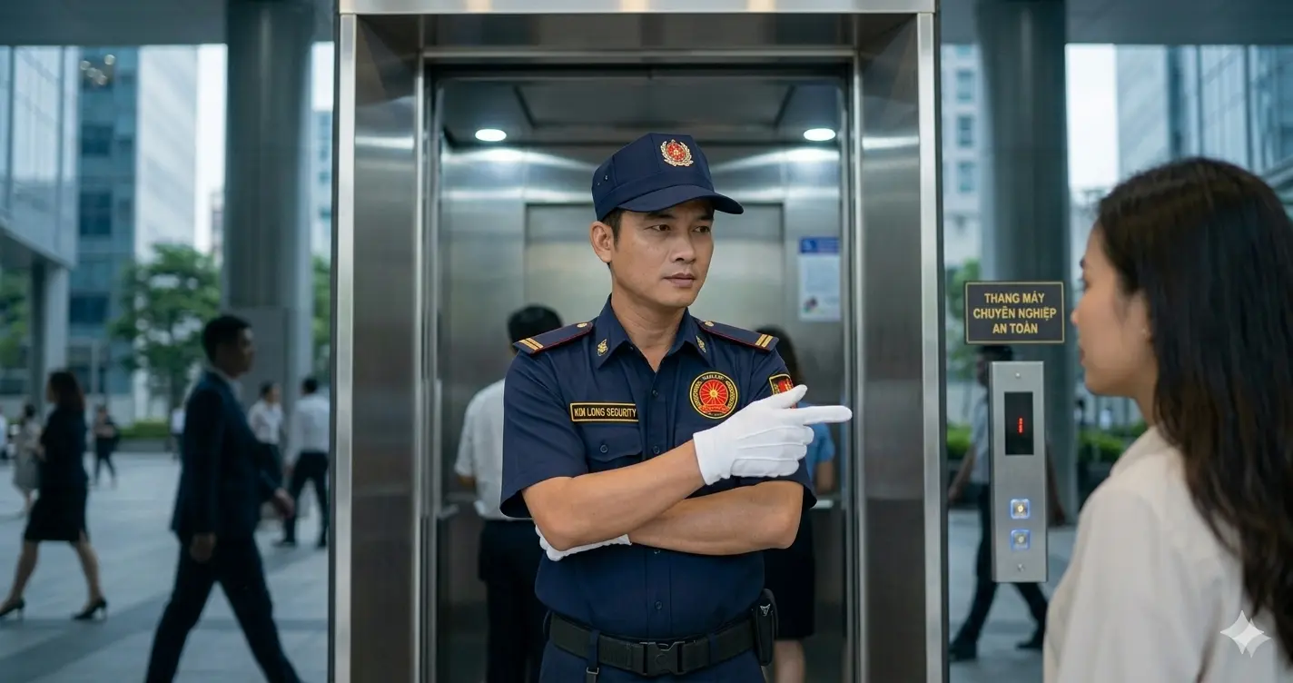 • Bảo vệ chuyên nghiệp Kim Long xử lý sự cố kẹt thang máy.