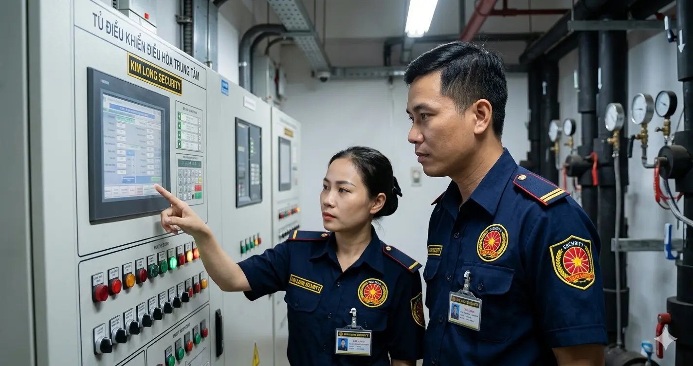 Nhân viên dịch vụ bảo vệ Kim Long – Cần Thơ kiểm tra liên động PCCC và HVAC.
