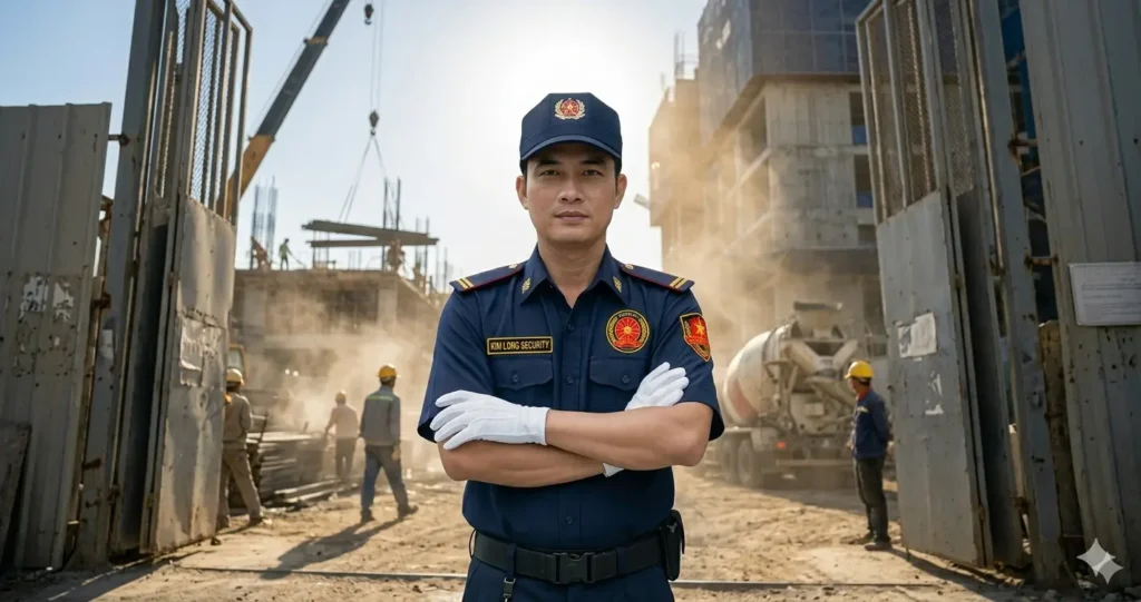 Bảo vệ chuyên nghiệp Kim Long kiểm tra xe chở vật liệu xây dựng.