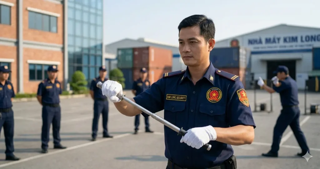 Nhân viên bảo vệ Kim Long diễn tập sử dụng công cụ hỗ trợ.