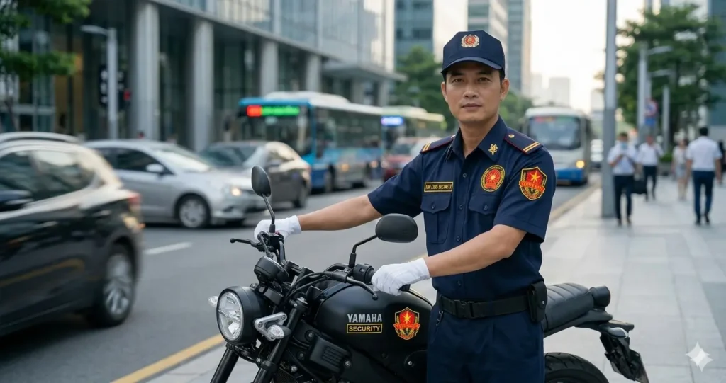 Bảo vệ chuyên nghiệp Kim Long áp tải hàng hóa bằng xe máy.