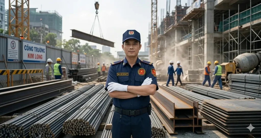 Bảo vệ chuyên nghiệp Kim Long kiểm soát vật tư công trường.