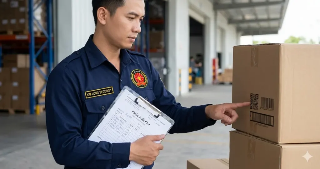 Bảo vệ chuyên nghiệp Kim Long đối chiếu chứng từ xuất kho.