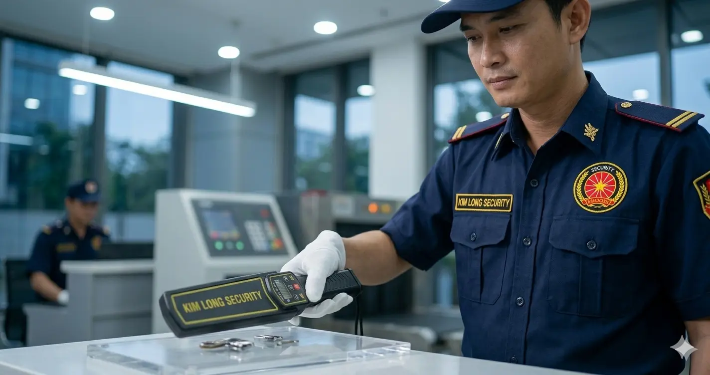 Bảo vệ chuyên nghiệp Kim Long sử dụng máy dò kim loại cầm tay kiểm tra người.