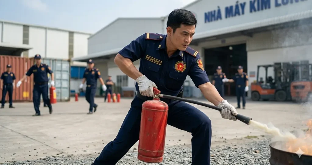 Bảo vệ chuyên nghiệp Kim Long thực hành diễn tập PCCC định kỳ.