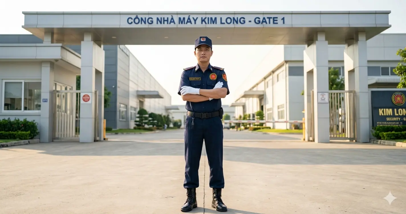 Nhân viên bảo vệ chuyên nghiệp Kim Long trực cổng chính nhà máy.