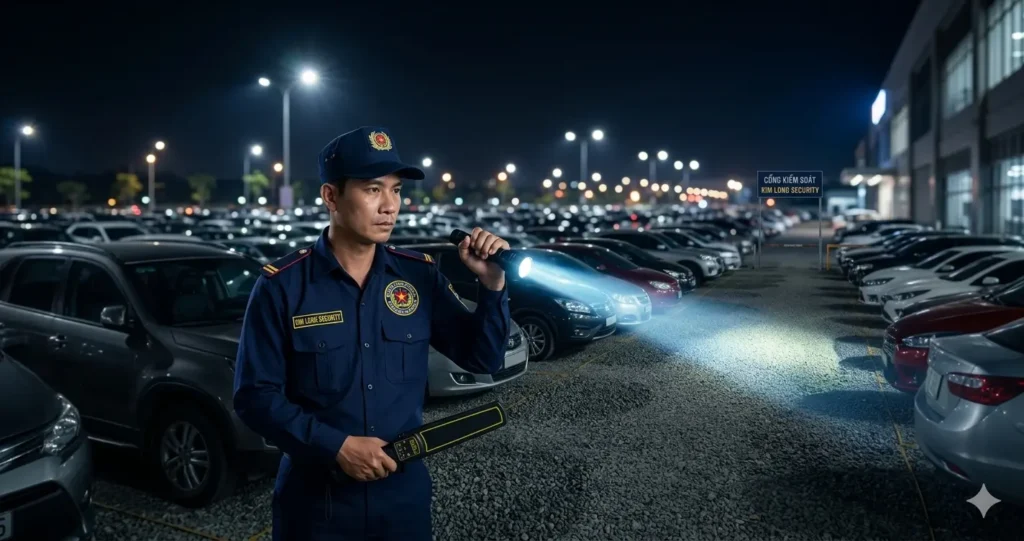 Bảo vệ chuyên nghiệp Kim Long trực đêm bãi xe lộ thiên.
