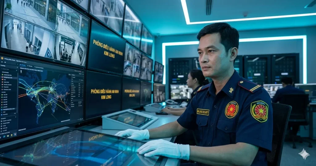 Nhân viên bảo vệ chuyên nghiệp Kim Long trực màn hình CCTV trung tâm.