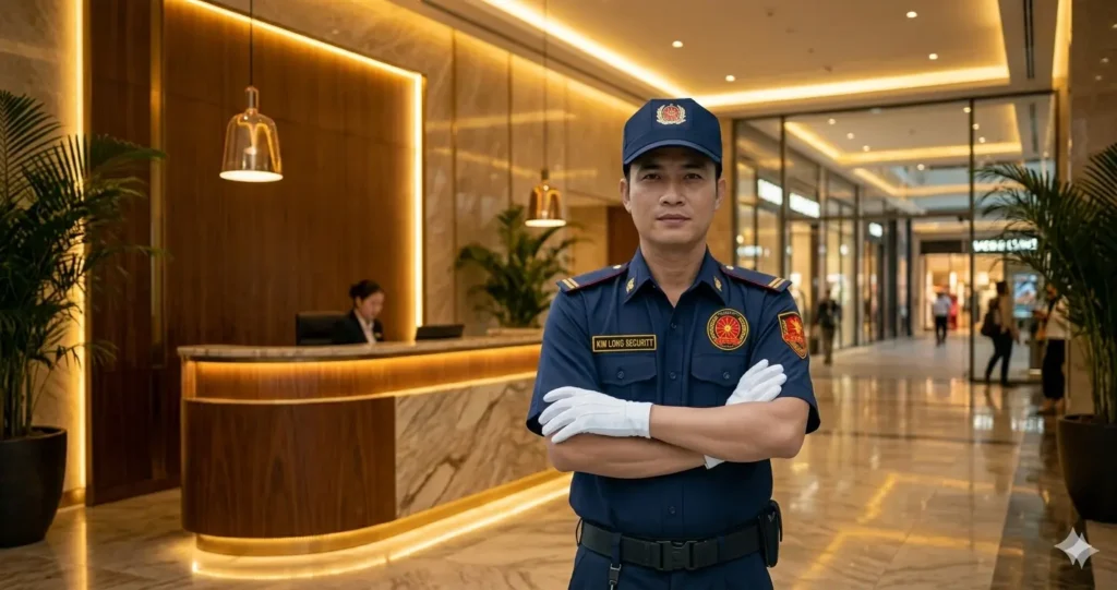 • Bảo vệ chuyên nghiệp Kim Long trực sảnh và tiếp tân tòa nhà.