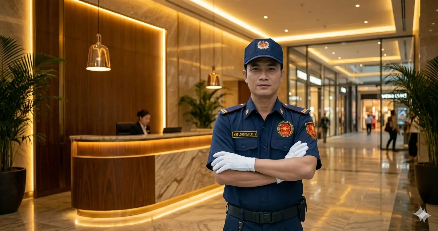 • Bảo vệ chuyên nghiệp Kim Long trực sảnh và tiếp tân tòa nhà.