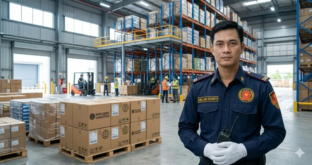 Bảo vệ chuyên nghiệp Kim Long kiểm soát kho hàng thành phẩm.