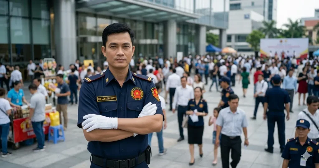 Bảo vệ chuyên nghiệp Kim Long xử lý đám đông tại cổng nhà máy.