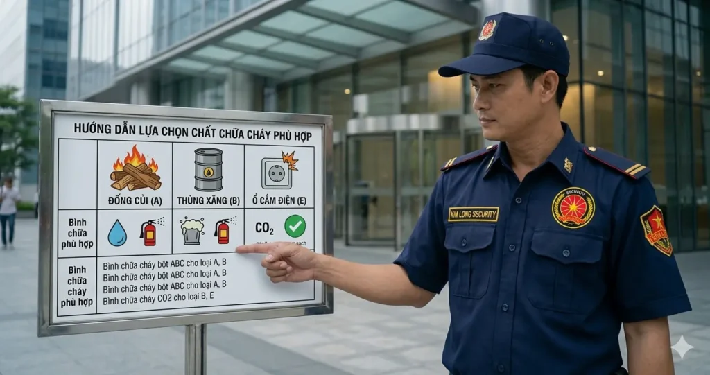 Bảng phân loại đám cháy tiêu chuẩn của công ty bảo vệ An Giang - Kim Long.