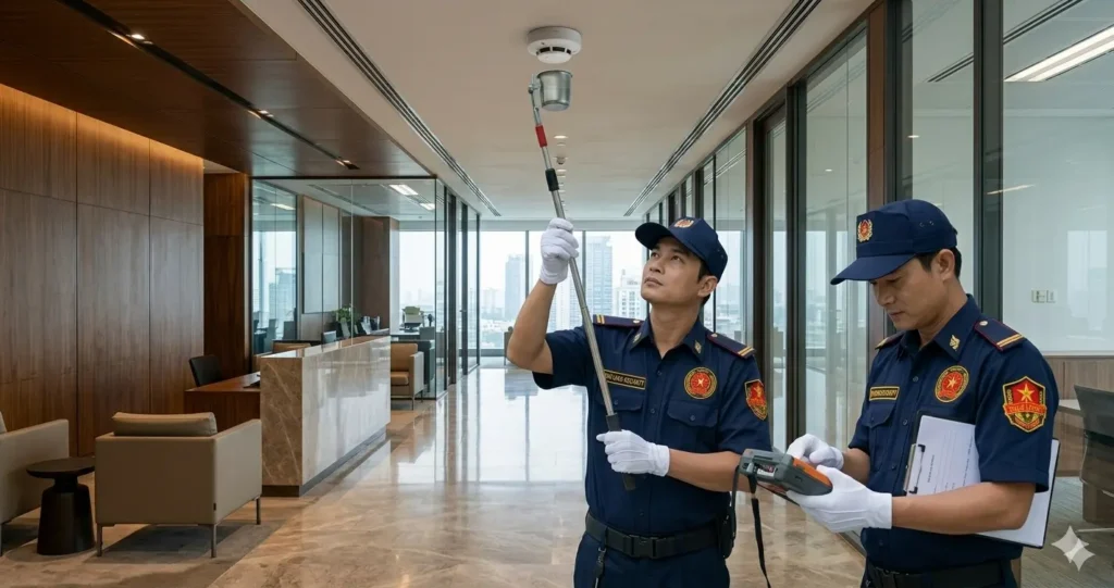Công ty bảo vệ Cần Thơ thử nghiệm độ nhạy của đầu báo khói.