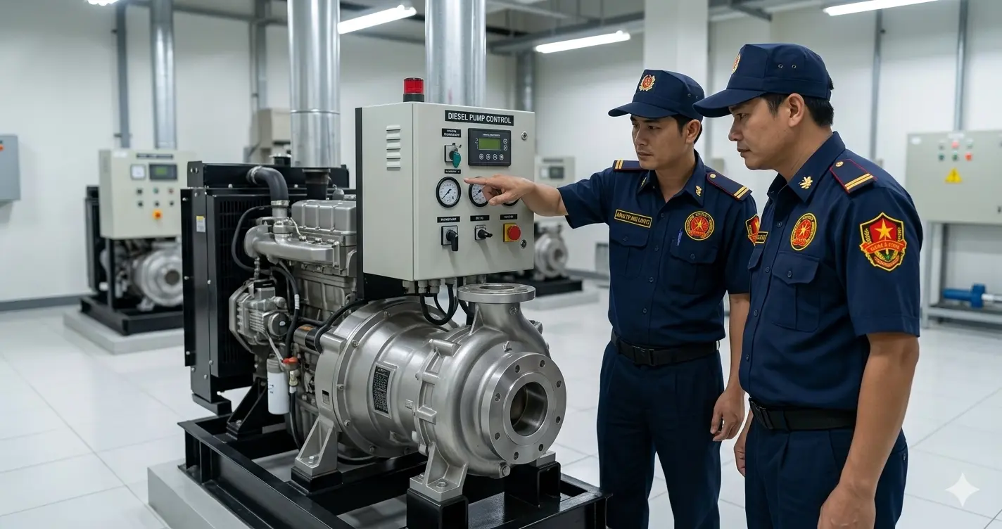Nhân viên dịch vụ bảo vệ Kim Long vận hành máy bơm chữa cháy.