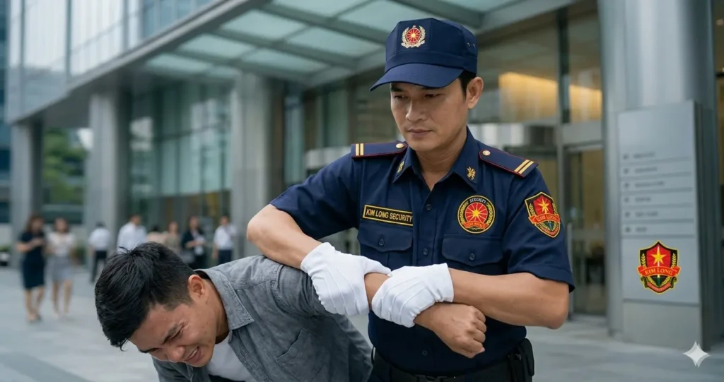 Bảo vệ chuyên nghiệp Kim Long diễn tập võ thuật thực chiến.