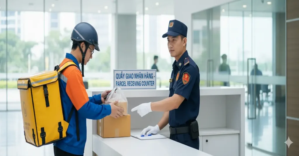Bảo vệ Kim Long thực hiện quy trình kiểm soát giao nhận bưu phẩm chuyên nghiệp.