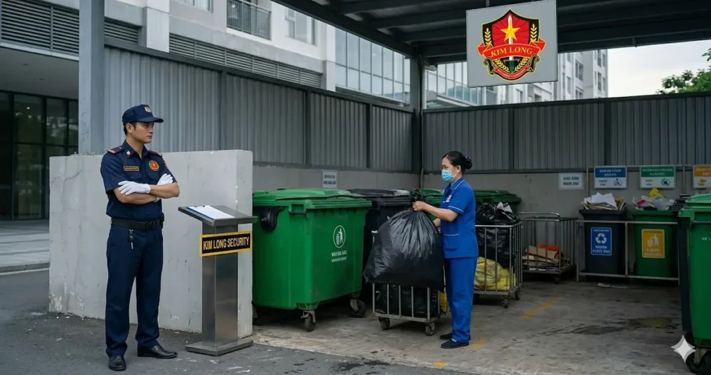 Bảo vệ Kim Long thực hiện quy trình giám sát rác thải và bưu phẩm.