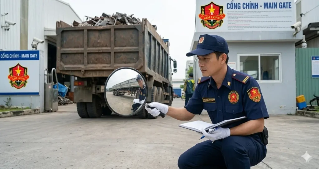 Bảo vệ Kim Long thực hiện kiểm soát xe phế liệu ra vào mục tiêu.