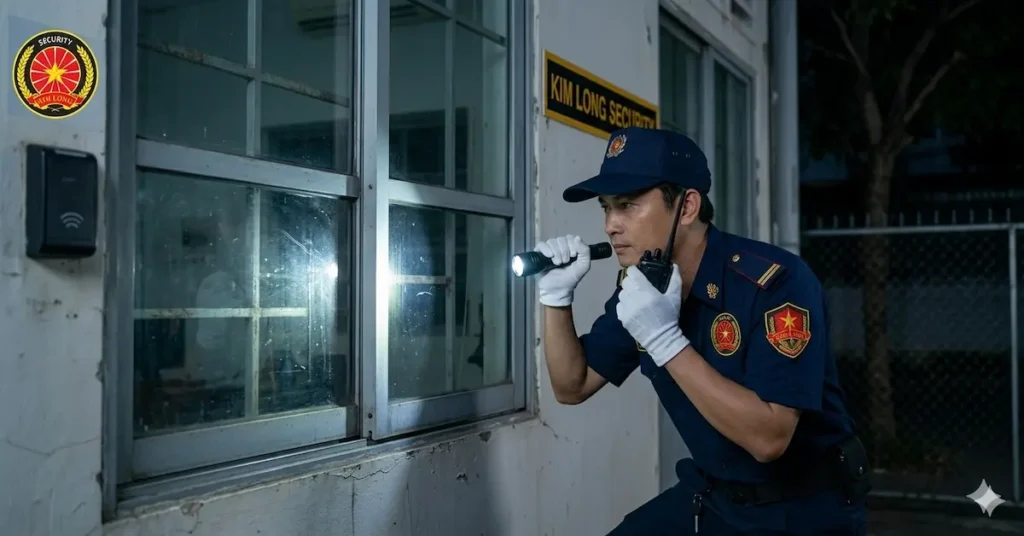 Bảo vệ Kim Long thực hiện quy trình kiểm tra cửa và vành đai nhà kho.