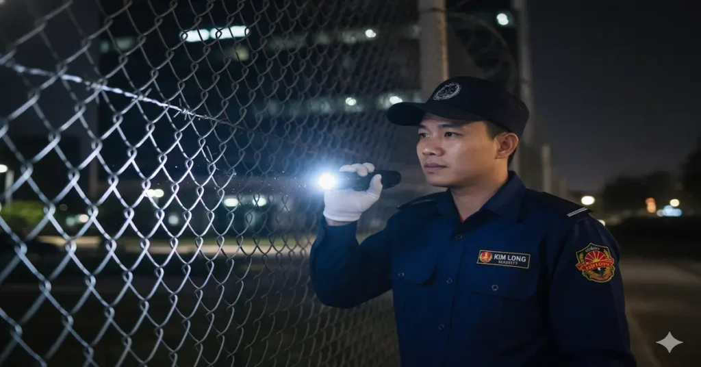 Bảo vệ Kim Long thực hiện quy trình tuần tra vành đai nhà máy.
