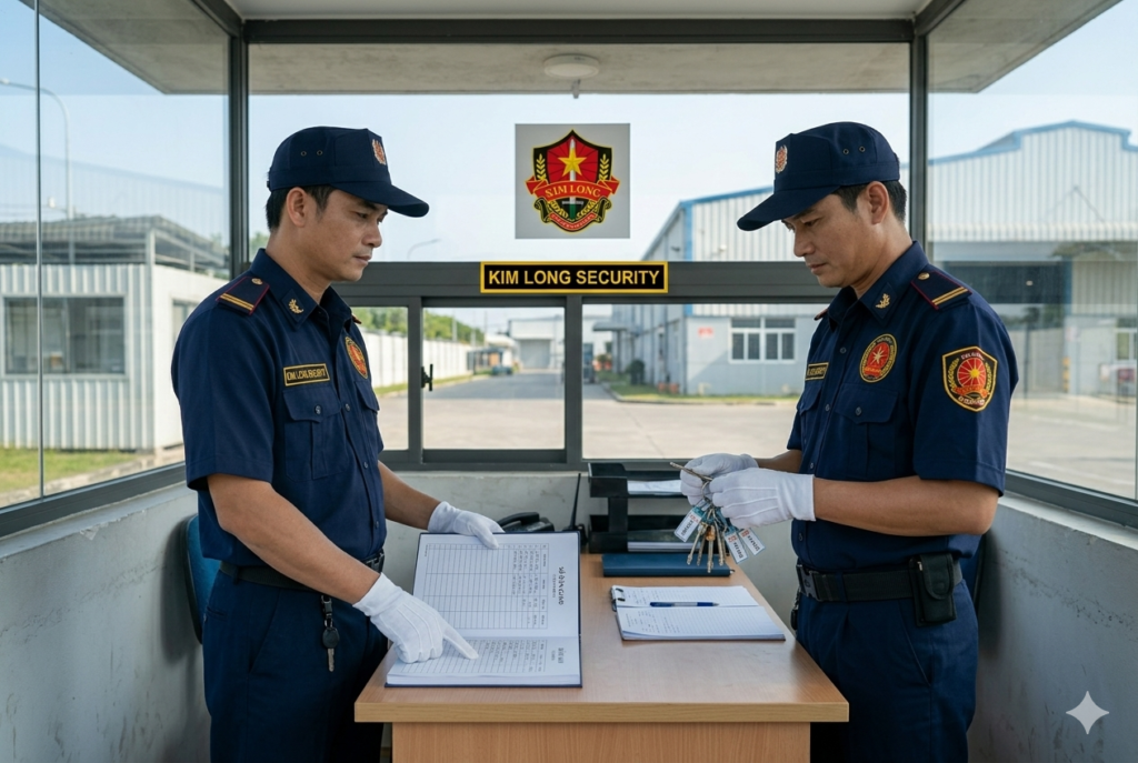 Nhân viên bảo vệ Kim Long thực hiện bàn giao ca trực nghiêm ngặt.