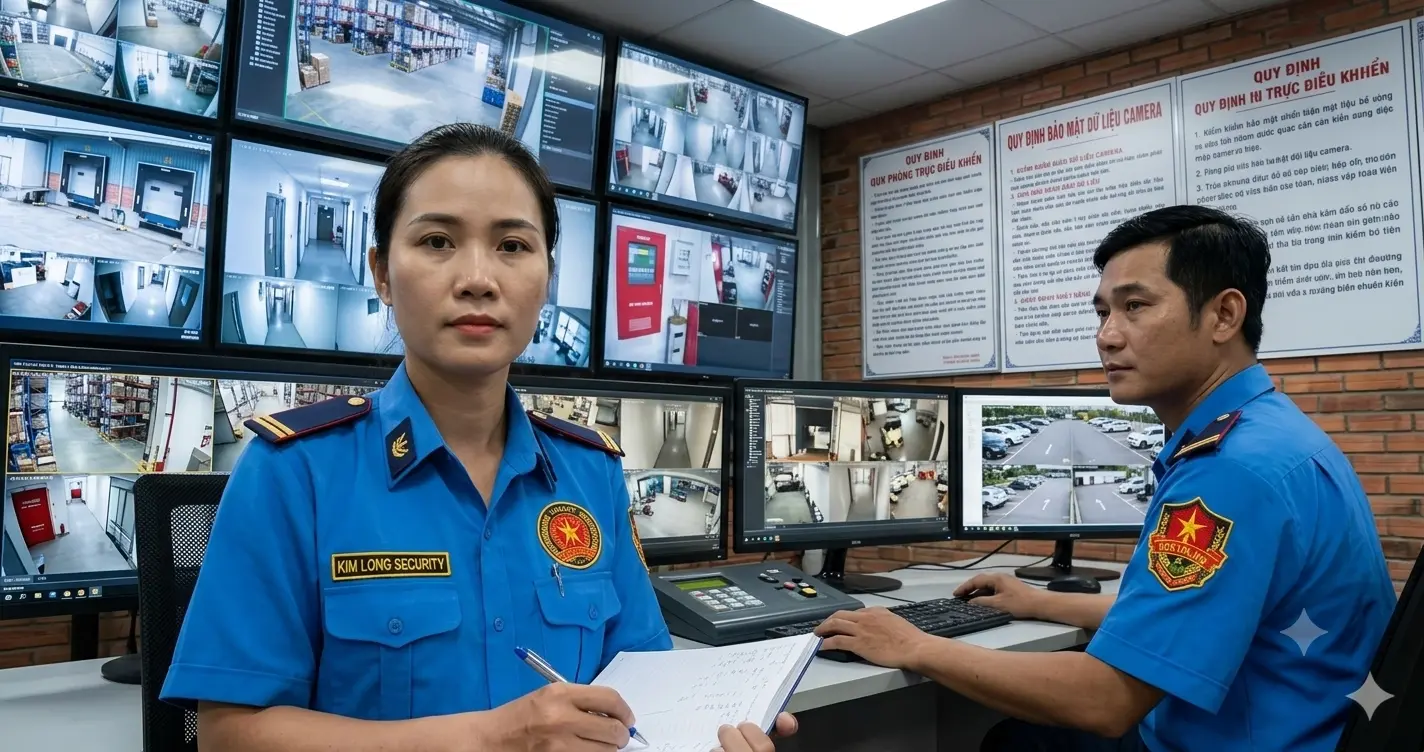 Quy trình giám sát camera bảo mật tại dịch vụ bảo vệ Kim Long.